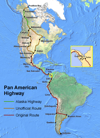 "PanAmericanHwy" by Created by en:User:Seaweege and released to PD - Own work. Licensed under Copyrighted free use via Commons - https://commons.wikimedia.org/wiki/File:PanAmericanHwy.png#/media/File:PanAmericanHwy.png